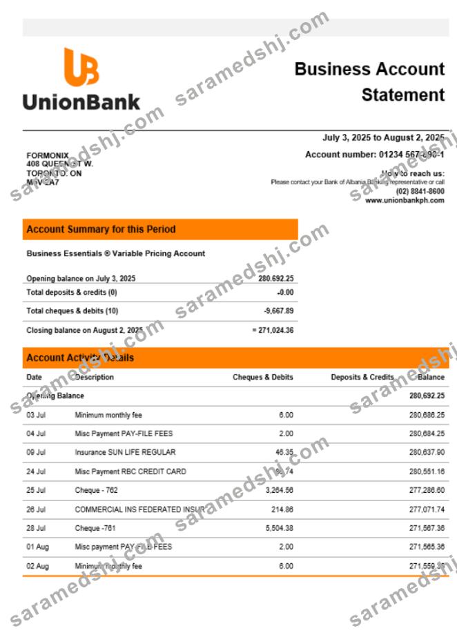 Unionbank company statement Word and PDF format